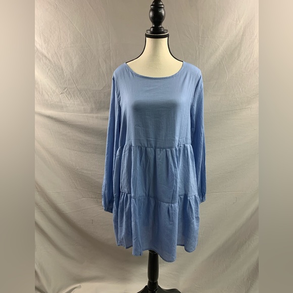 Blue Striped Lantern Sleeve Ruffle Hem Smock Dress - Picture 6 of 9